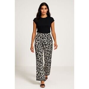 Loft Women’s Black White Polyester Wide-Leg Geometric Printed Pants Medium